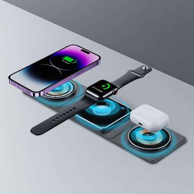 3-in-1 Magnetic Folding Wireless Charger Station – 15W Fast Charge for iPhone, Apple Watch & AirPods