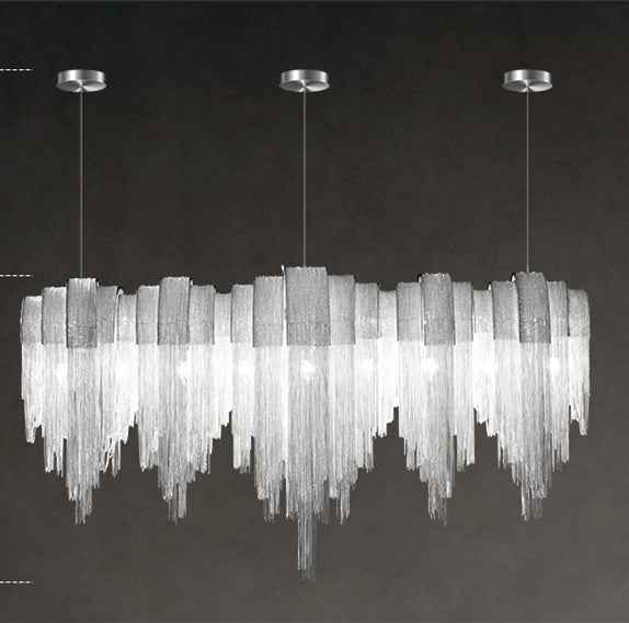 D6303 Nordic Minimalist Aluminium Tassel Chain LED Chandelier | 5 Sizes 90–210cm, Tricolor Dimming, Silver, 111–240V