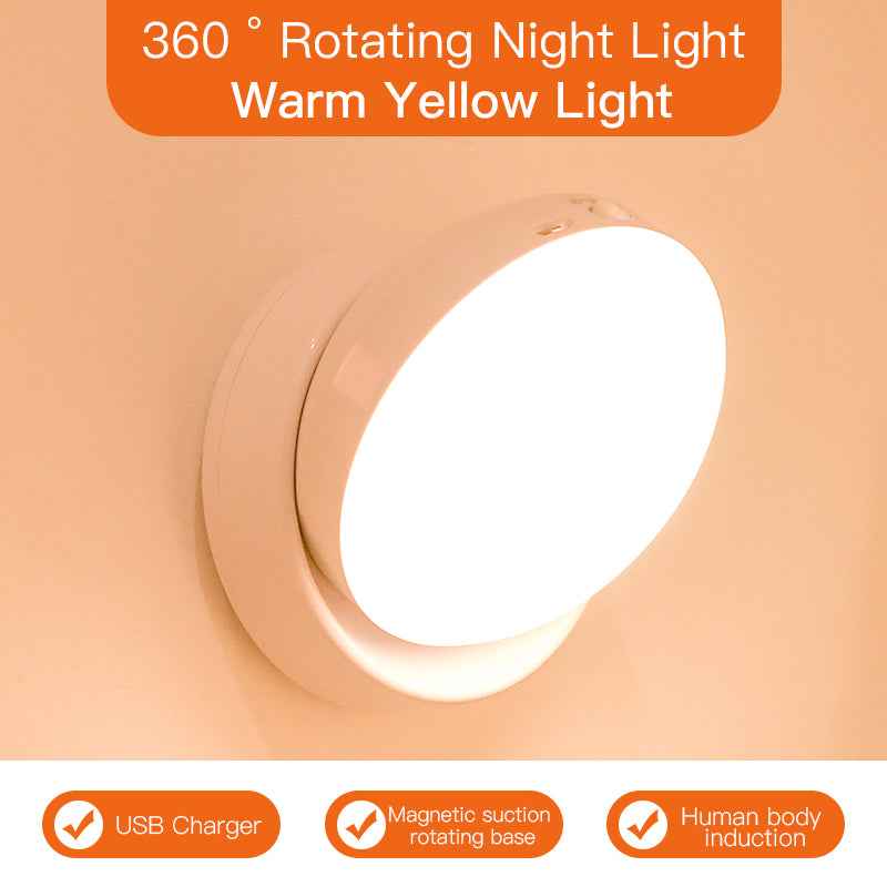 Rotating PIR Motion Sensor Night Light | USB Rechargeable, 120°, 3-5m, ON/OFF/AUTO | White & Yellow