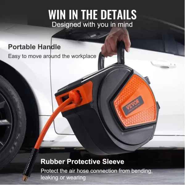 VEVOR Retractable Air Hose Reel | 3/8" x 50ft, 300 PSI, Auto-Rewind, 180° Swivel Mount, Workshop & Garage