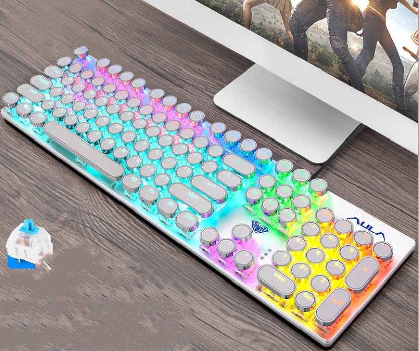 Steampunk Mechanical Gaming Keyboard | 104 Keys | Green Switch | Metal Panel | Gold-Plated Keycaps | USB | Black Blue & White Blue