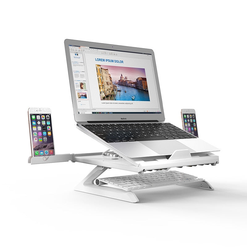 Foldable Adjustable Laptop Stand | 9 Angles | 17" | 20KG | Heat Dissipation | Phone Holder | Black & White