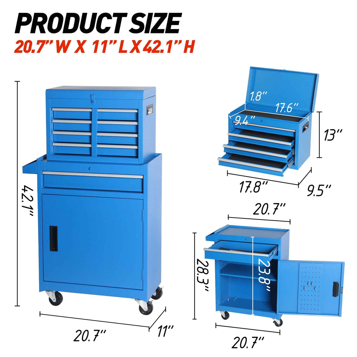 5-Drawer Rolling Tool Chest | Detachable Top Box, Lockable Wheels, Drawer Liners, Adjustable Shelf, Blue