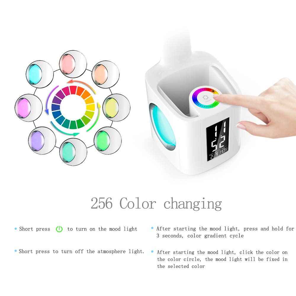 7-in-1 LED Desk Lamp | 8W | USB Charging Port | 256-Colour Base | Clock, Calendar & LCD | Pen Holder | Gooseneck | 3-Level Dimming | White