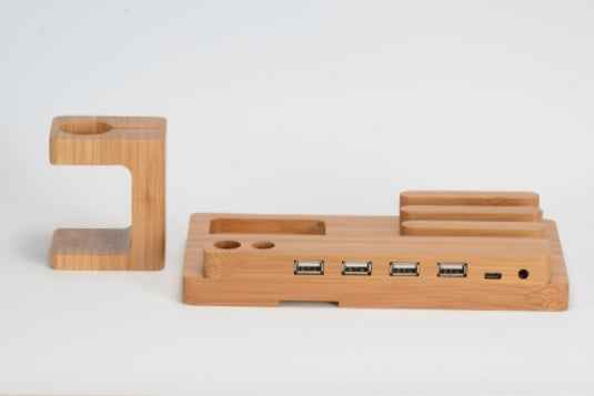 Bamboo Wood Multi-Function Charging Station – 4 USB Ports, iPhone + Apple Watch + iPad Holder Stand (Natural Wood)