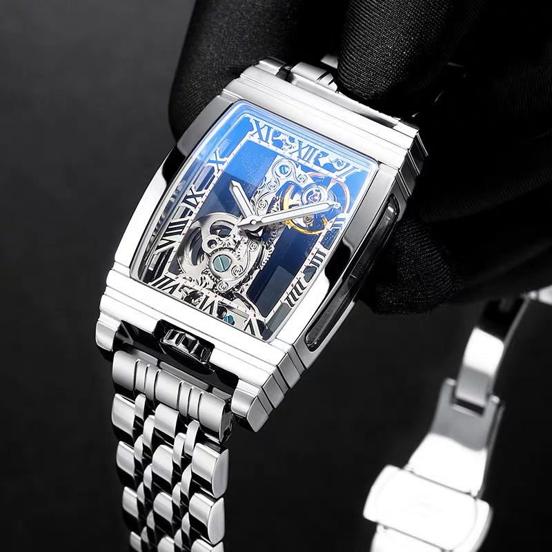 Daystar 42mm Unisex Square Mechanical Watch – Stainless Steel, Leather & Steel Strap, 3ATM
