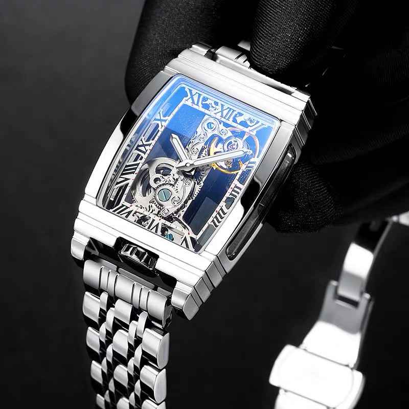 Daystar 42mm Unisex Square Mechanical Watch – Stainless Steel, Leather & Steel Strap, 3ATM