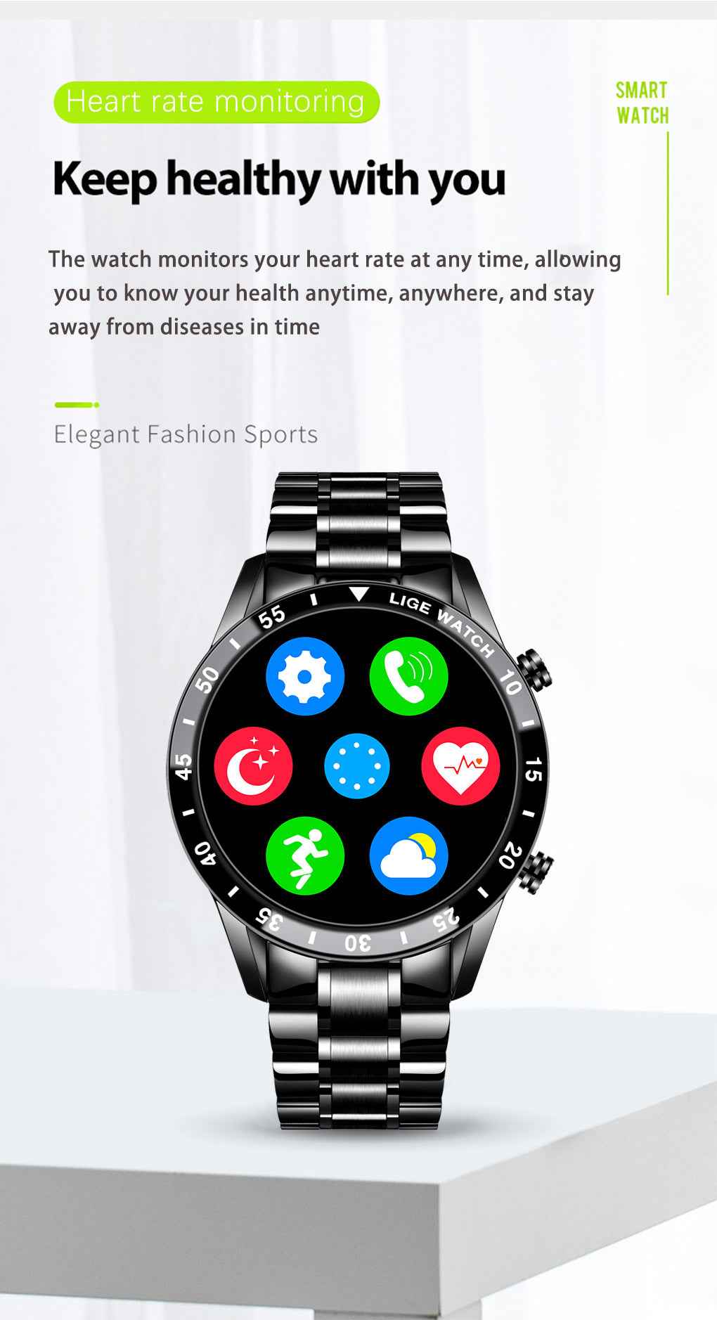 LIGE Smart Watch – 1.3" Waterproof Step Counter Sleep Monitor Health Tracker Remote Selfie Info Push BT 5-10m 80mAh | Black & Gray