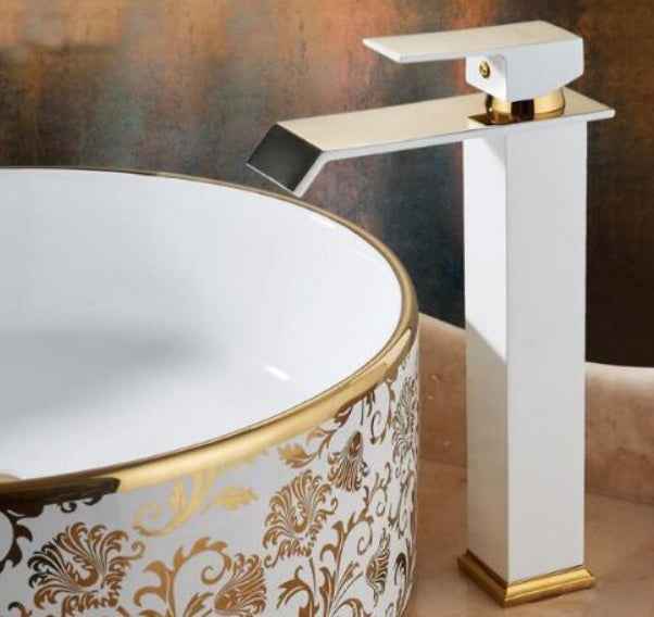 American Art Brass Waterfall Basin Faucet | White & Gold, Sensor Tap, Hot & Cold, Short & Tall, Blackened Finish