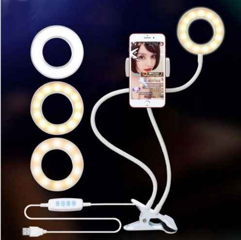 LED Selfie Ring Light with Desk Clamp – 12W, 3 Colors, 10 Brightness Levels, 360° Rotation, USB Powered (Black & White)