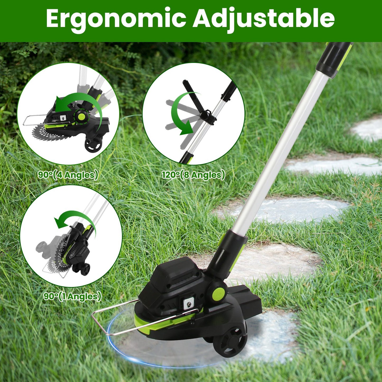 21V Cordless Brushless Grass Trimmer & Weed Edger | 16,800 RPM, 3-Blade Types, 2 Batteries, Telescopic Pole