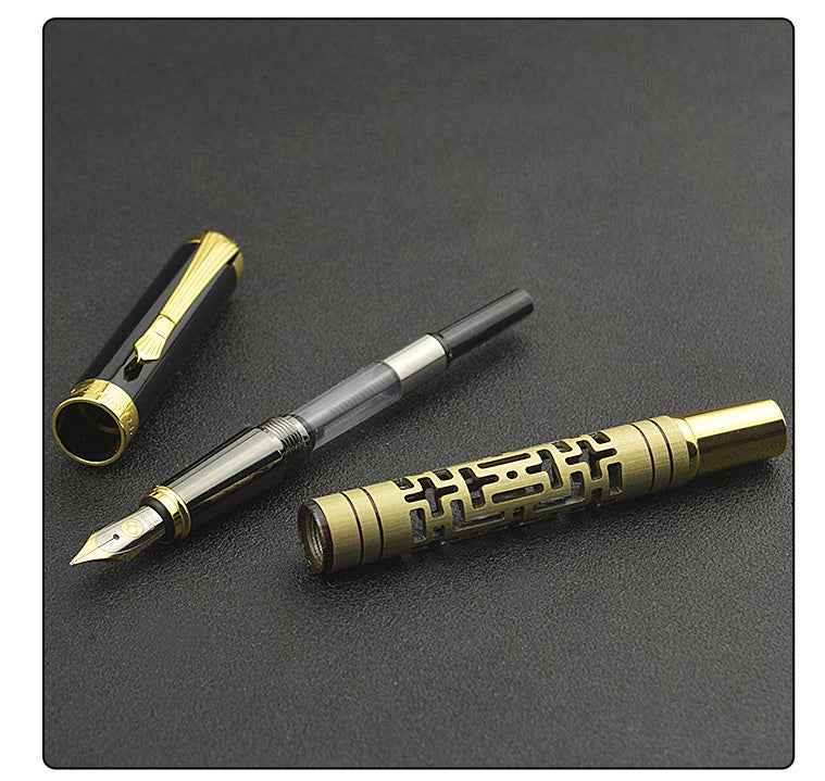 Metal Luxury Fountain Pen | Iridium Nib | 0.7mm Broad Point | Rotating Ink Suction | Obsidian & Gold