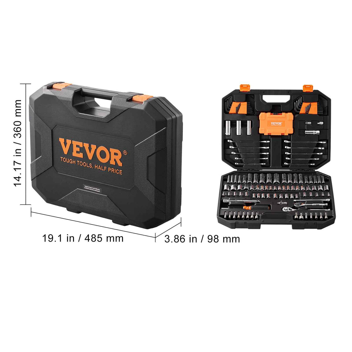 VEVOR 145-Piece Mechanics Tool Set | 1/4" & 3/8" Drive, SAE & Metric Sockets, Wrenches & Case