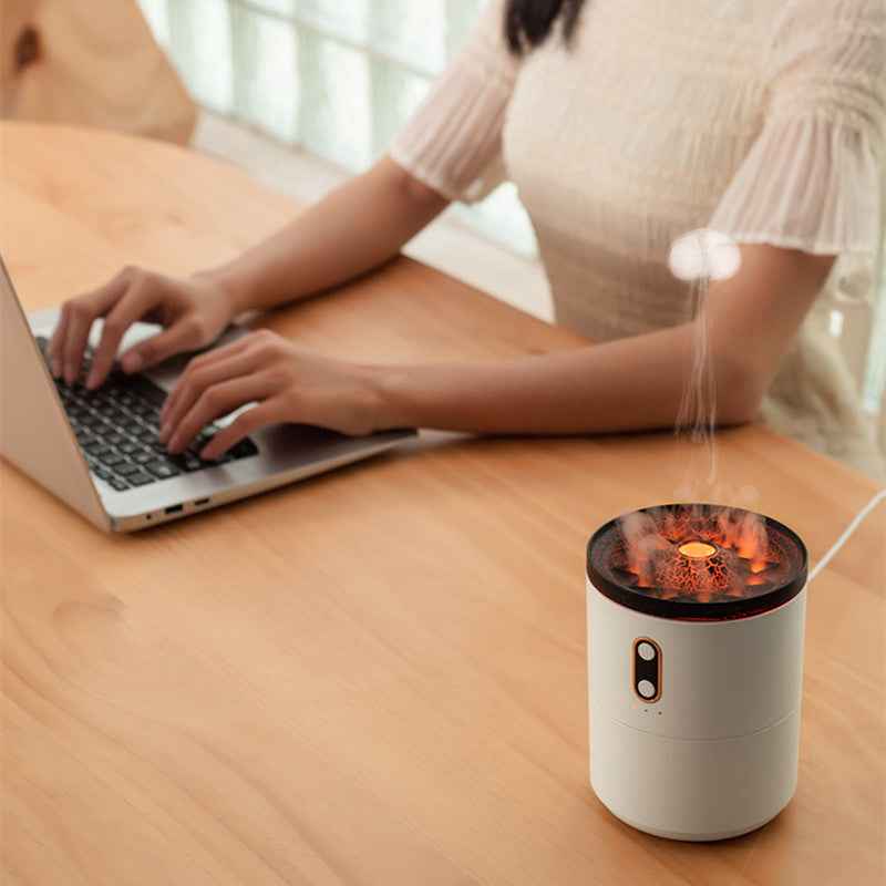 Volcanic Flame Aromatherapy Humidifier & Essential Oil Diffuser | USB, Dual Mist, 2–8hr Timer, Night Light, White