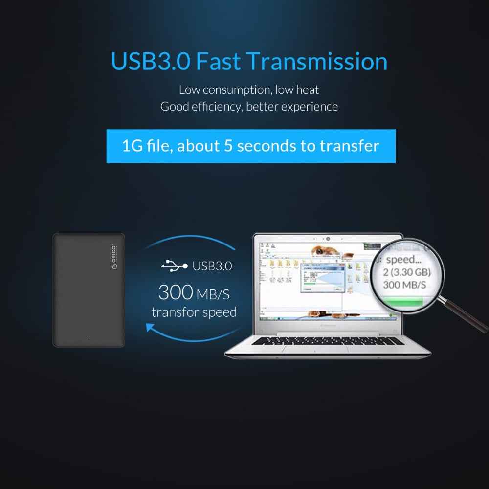 ORICO 2577U3 USB 3.0 Hard Drive Enclosure | 2.5" SATA SSD & HDD, Tool-Free, 2TB | Windows, Mac & Linux | Black