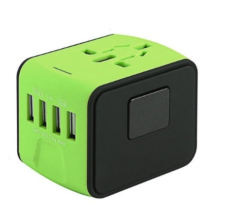 Universal Travel Adapter with USB Charging | 170+ Countries | 100–250V | 1500W | 5V/3.7A USB | CE/RoHS/FCC | 66×53×52mm | Black, Blue & Green
