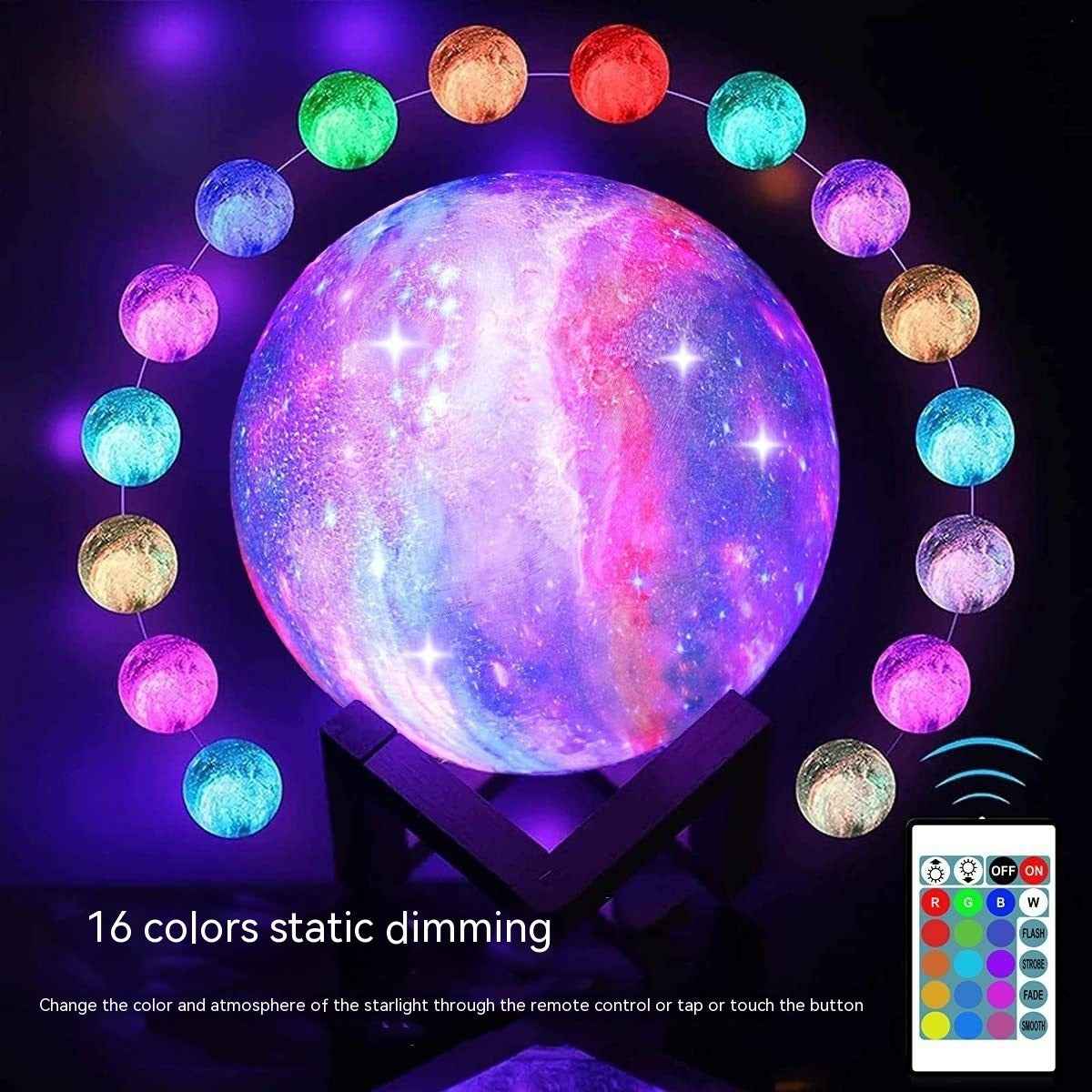 3D Printed Moon Lamp | 16 Colours | Touch & Remote Control | USB Rechargeable | Wood Bracket | 8–20cm | Bedroom & Gift