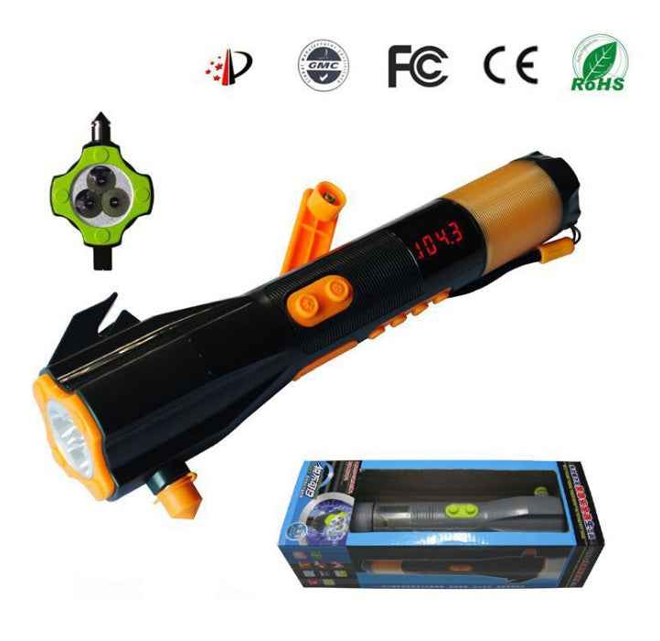 8-in-1 Emergency Car Safety Hammer | Window Breaker, Seatbelt Cutter, Hand-Crank Charger, AM/FM Radio, LED Light | Orange