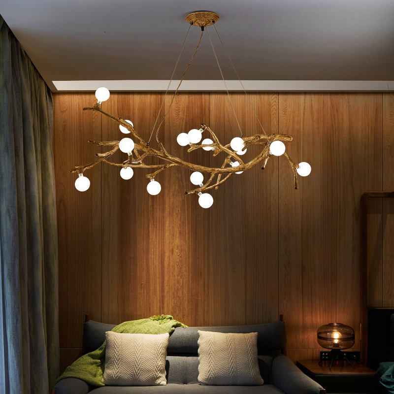 Japanese Wabi-Sabi Resin Branch & Fish LED Chandelier | 10 Heads Warm Light