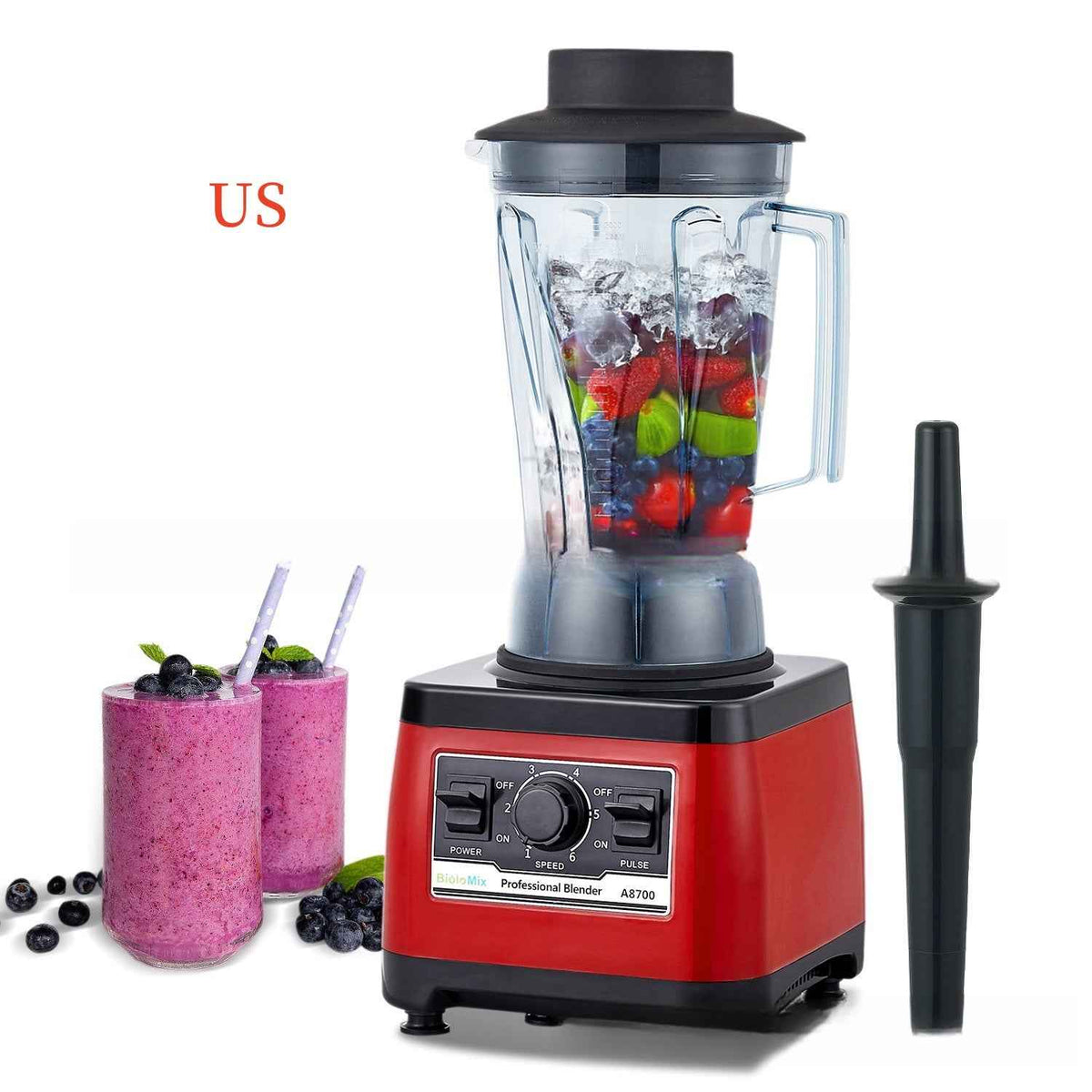 A8700 Commercial High-Performance Blender | 2200W, 2L, Industrial Style, EU/UK/US Plug, Red