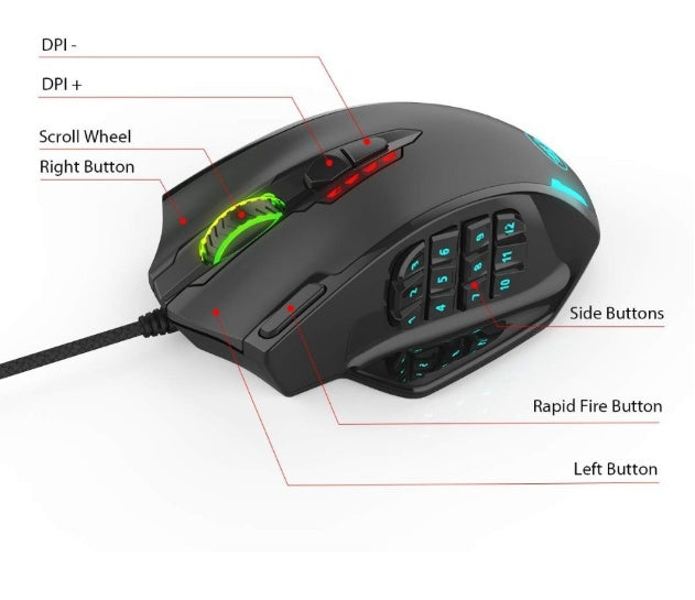 Redragon M908 Impact RGB Gaming Mouse | 500–12400 DPI, Adjustable Weight, Ergonomic | Black