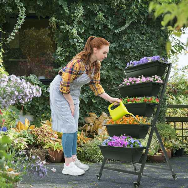 5-Tier Vertical Garden Bed with Wheels | UV-Protected PE, Steel Frame, Drainage, Black