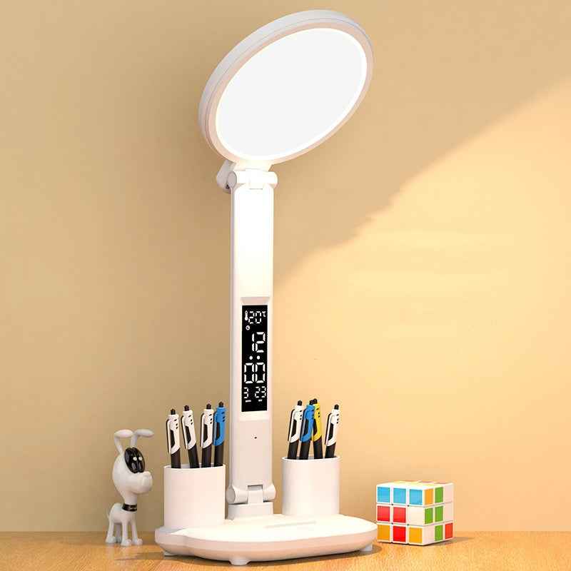 LED Clock Desk Lamp | 7W, 40 LEDs, 3-Colour Dimmer, USB Rechargeable, Fan & Pen Holder