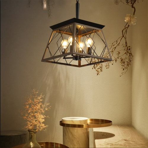 Farmhouse Vintage Antique Iron 4-Light Chandelier | Walnut & Black, Adjustable Chain, E26, 15.7" x 15.7", No Bulb