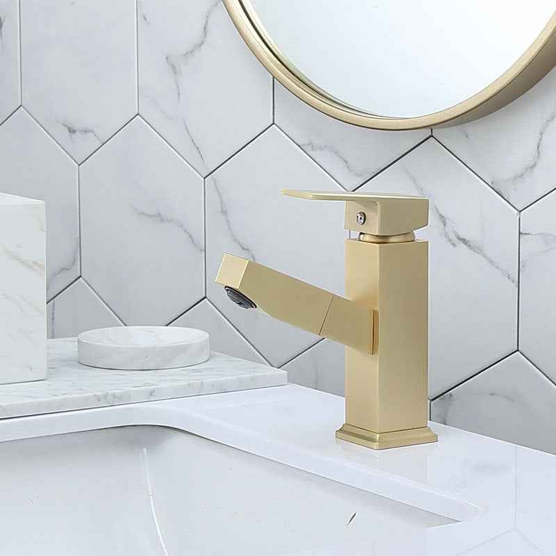 Nordic Brass Brushed Gold Pull-Out Faucet | Hot & Cold, Square Design, High & Low Spout