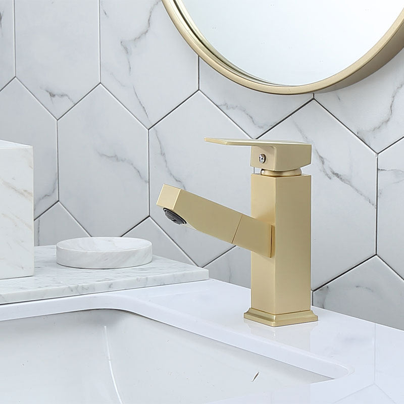 Nordic Brass Brushed Gold Pull-Out Faucet | Hot & Cold, Square Design, High & Low Spout, Golden