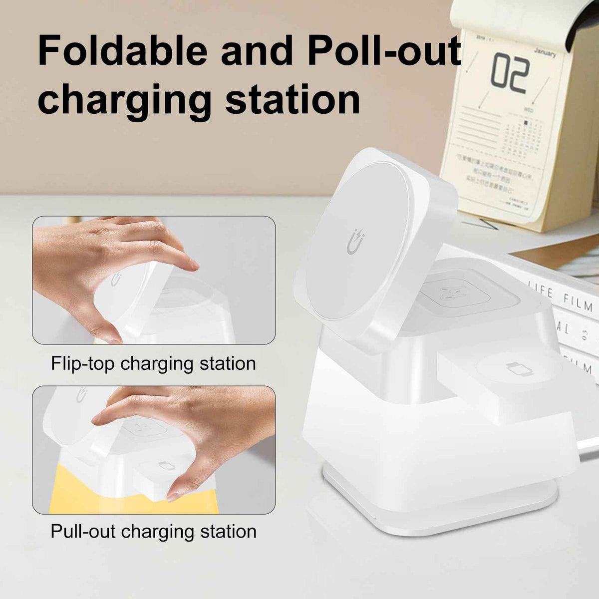 4-in-1 Rotatable Magnetic Wireless Charging Station – 15W Fast Charge, iPhone + Apple Watch + AirPods + Night Lamp (Black/White)