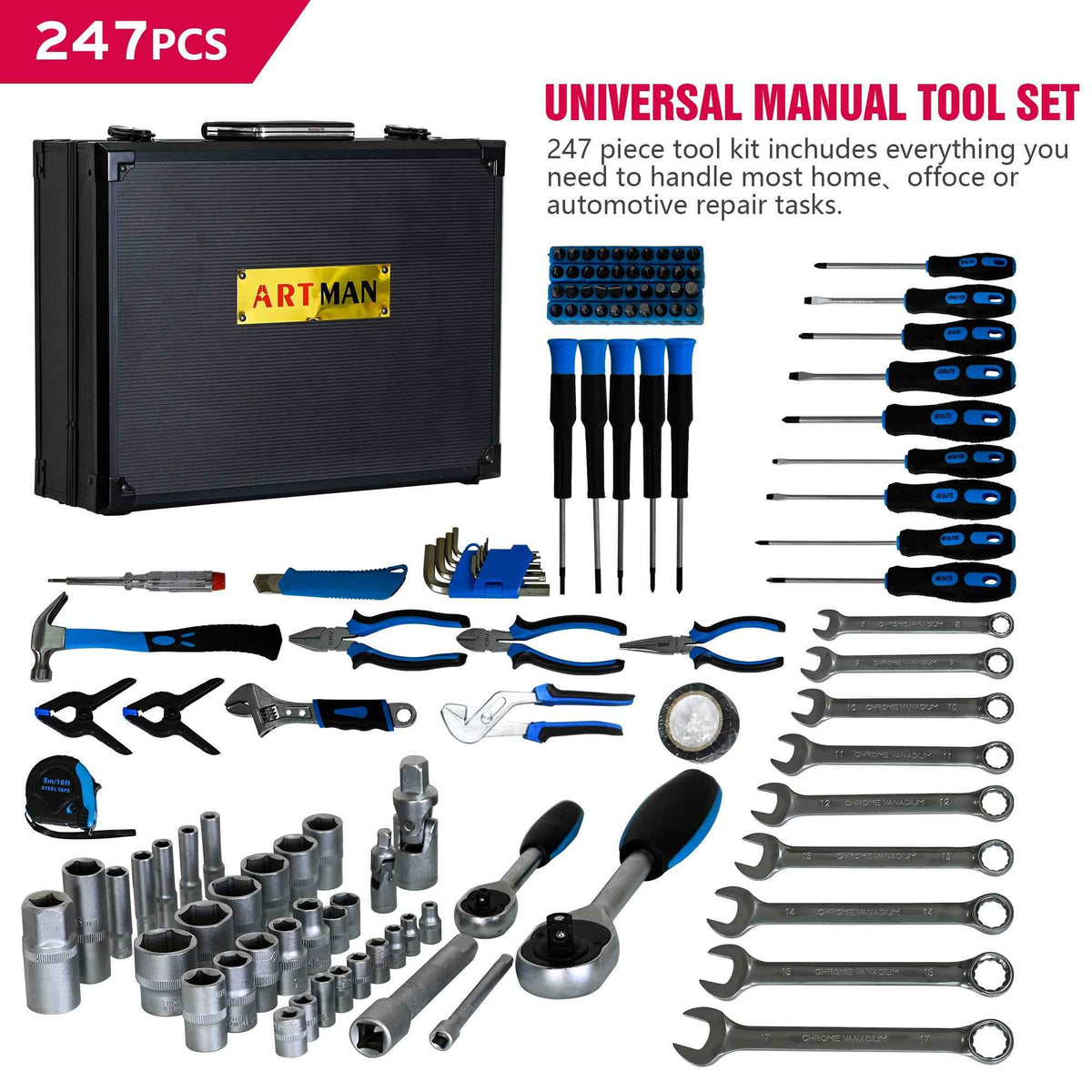 247-Piece Home & General Maintenance Tool Set | Carbon Steel, Aluminum Suitcase, Sockets, Bits & More