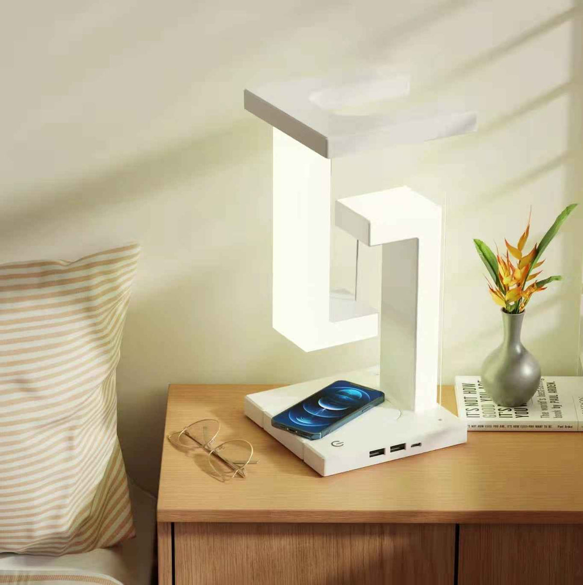 Magnetic Levitation Foldable LED Desk Lamp | Touch Control, Flicker-Free, USB, Optional Wireless Charging, White
