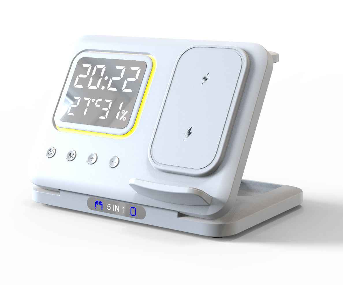 5-in-1 Wireless Charging Station – 15W Fast Charge with LED Clock, Temperature & Humidity Display
