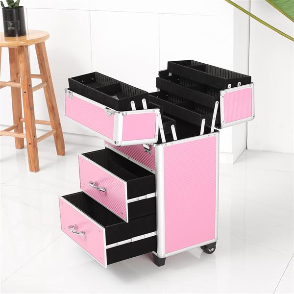 Professional Aluminum Makeup Train Case | 9 Drawers, Lockable, Adjustable Handle, Travel MUA Case, Pink