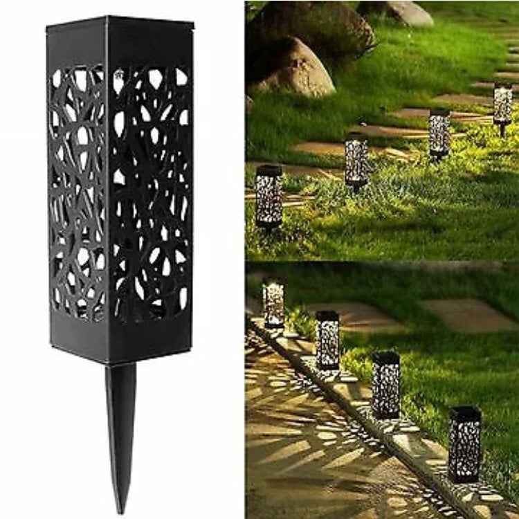 Solar Garden Pathway Stake Lights | Hollow-Carved Shell | 2LM | 3000K & Cool White | 300mAh | 4–10hr Runtime | Auto Dusk-to-Dawn | Waterproof | 6×6×28.5cm | 1–12pc Packs