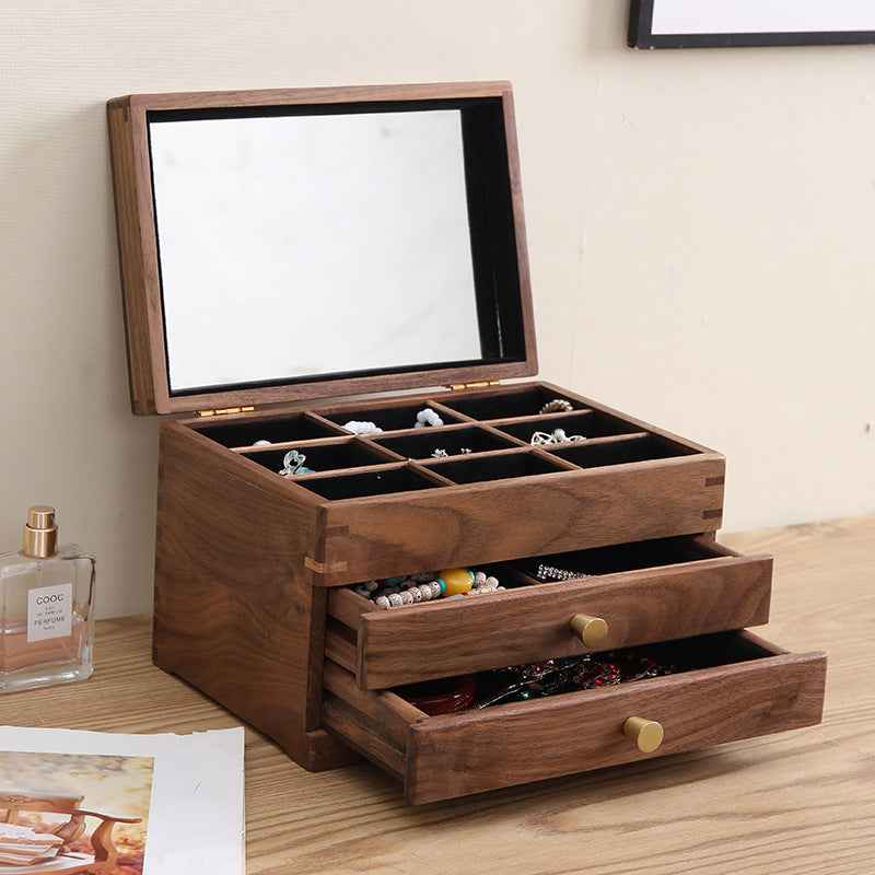 Pull-Out Double-Layer Solid Wood Cosmetic Storage Cabinet | Paulownia, Brass & Tempered Glass, Black Walnut