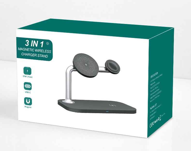 Magnetic 3-in-1 Wireless Charger Stand – 9W Fast Charge, USB-C, Phone Holder + Charging Display (Black/White)