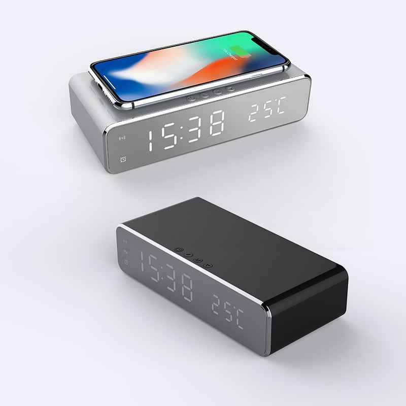 LED Digital Alarm Clock with Wireless Charger – Thermometer, 3 Alarms, Date Display, HD Mirror (Black & Grey)