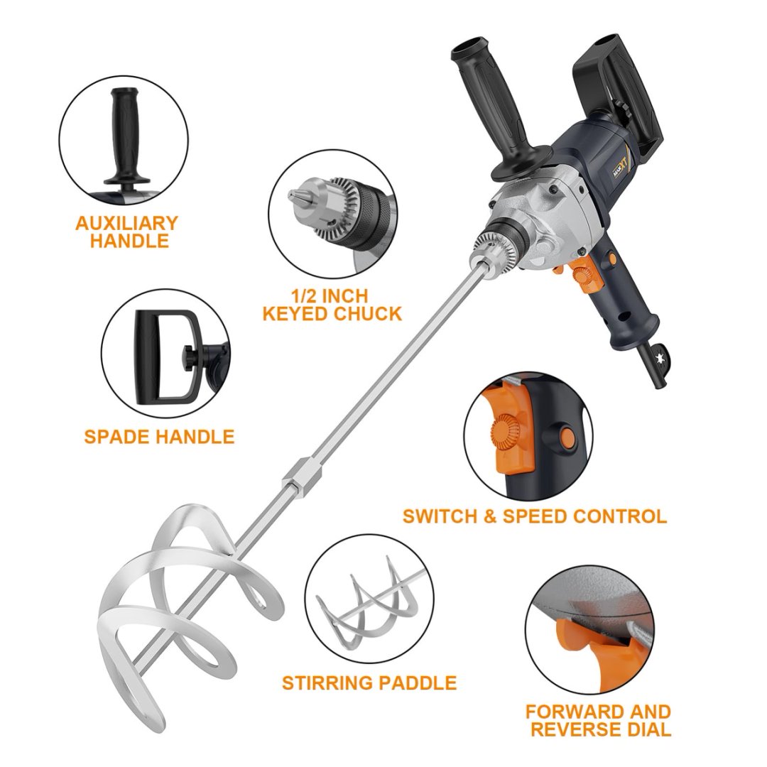 MAXXT 1050W Electric Corded Drill Mixer | 9A Motor, 0-600 RPM, 1/2" Chuck, Cement, Mud & Paint Mixer