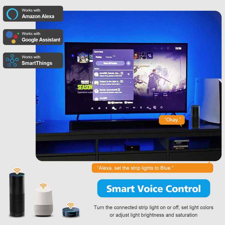 TV Sync Ambient LED Bias Lighting Strip Kit | HDMI Sync Box, 60 LEDs/m, 7 Sizes 17"–150", EU & US Plug
