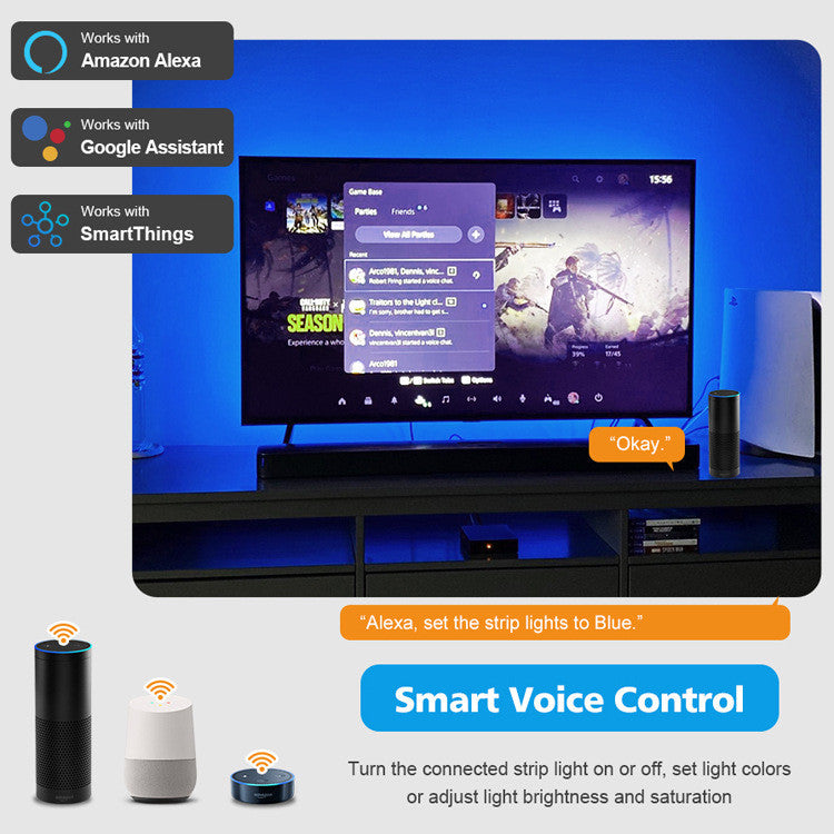 TV Sync Ambient LED Bias Lighting Strip Kit | HDMI Sync Box, 60 LEDs/m, 7 Sizes 17"-150", EU & US Plug