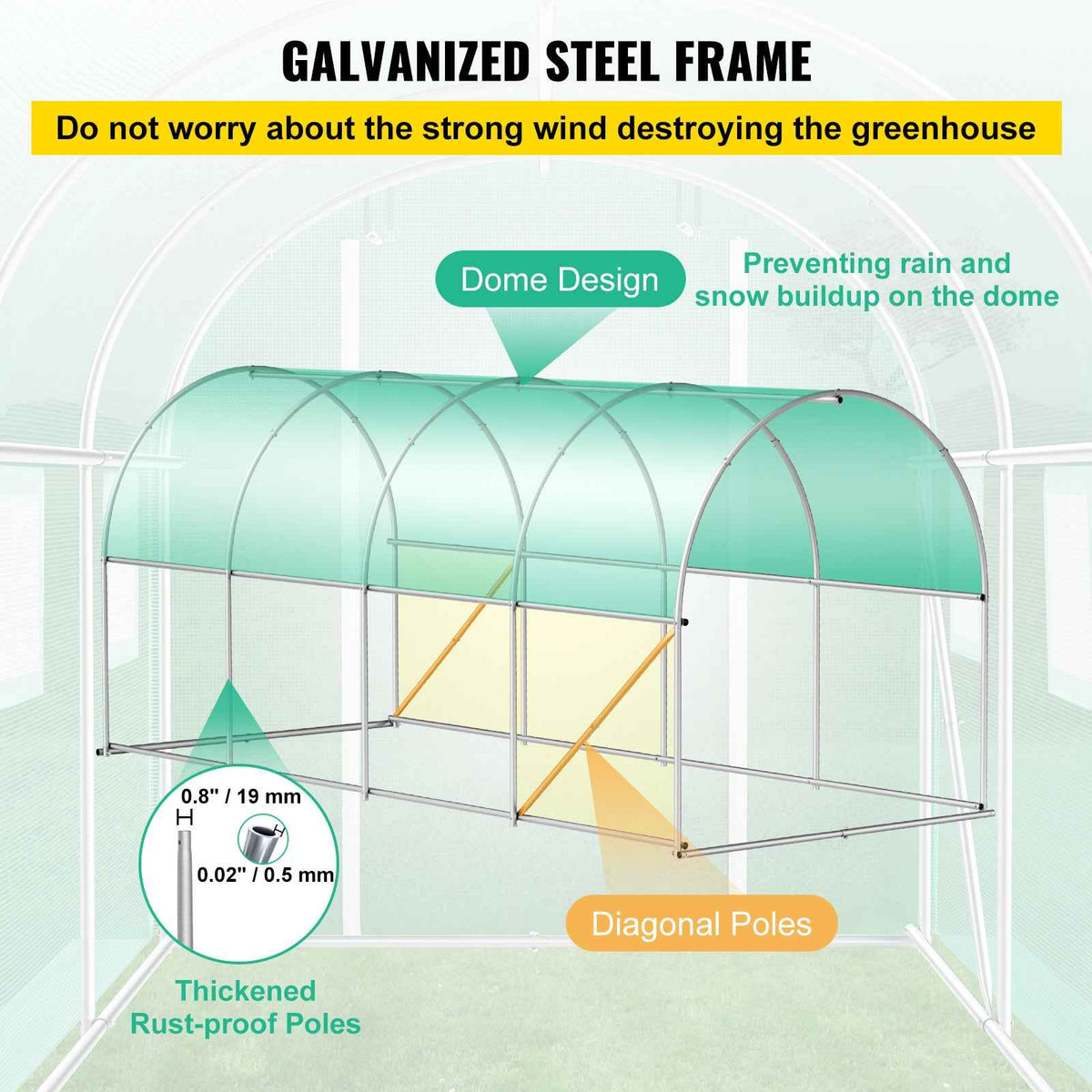 VEVOR 15x7x7ft Walk-in Tunnel Greenhouse | Galvanized Steel, 8 Roll-Up Windows, Zippered Door