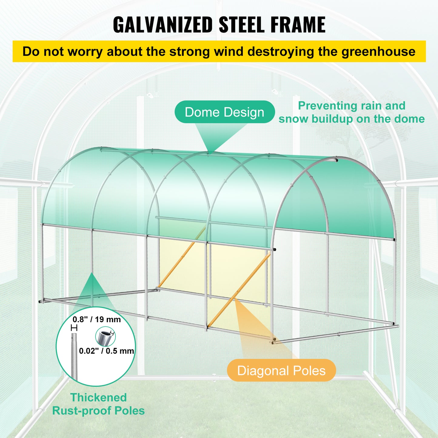 VEVOR 15×7×7ft Walk-in Tunnel Greenhouse | Galvanized Steel Hoops, 8 Roll-Up Windows, Zippered Door, Green