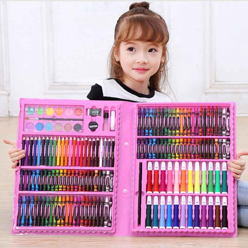 168-Piece Watercolour & Colour Pen Art Set | Complete Painting Kit | School & Art Supplies | Black & Pink Case