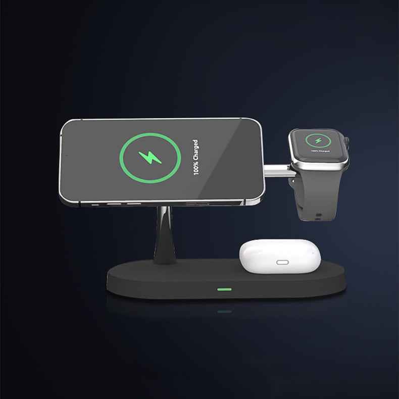 5-in-1 Magnetic Wireless Charging Station – 15W Fast Charge for iPhone, Apple Watch & AirPods with Night Lamp (Black & White)