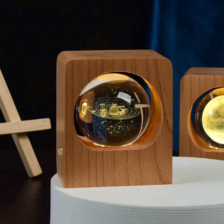 3D Laser-Engraved Crystal Ball Night Light | 6cm | Beech Base | USB & Built-In Battery | Stepless Dimming | Touch Switch | 8 Designs | Bedroom, Desk & Gift Decor