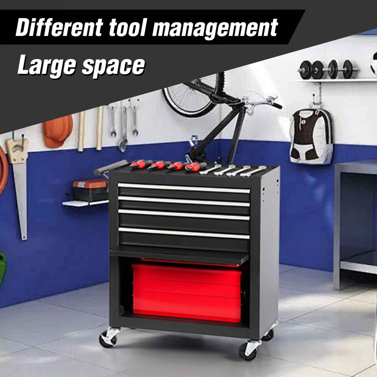 4-Drawer Rolling Tool Cart | Cold-Rolled Steel, Ball-Bearing Drawers, 4 Casters, Black