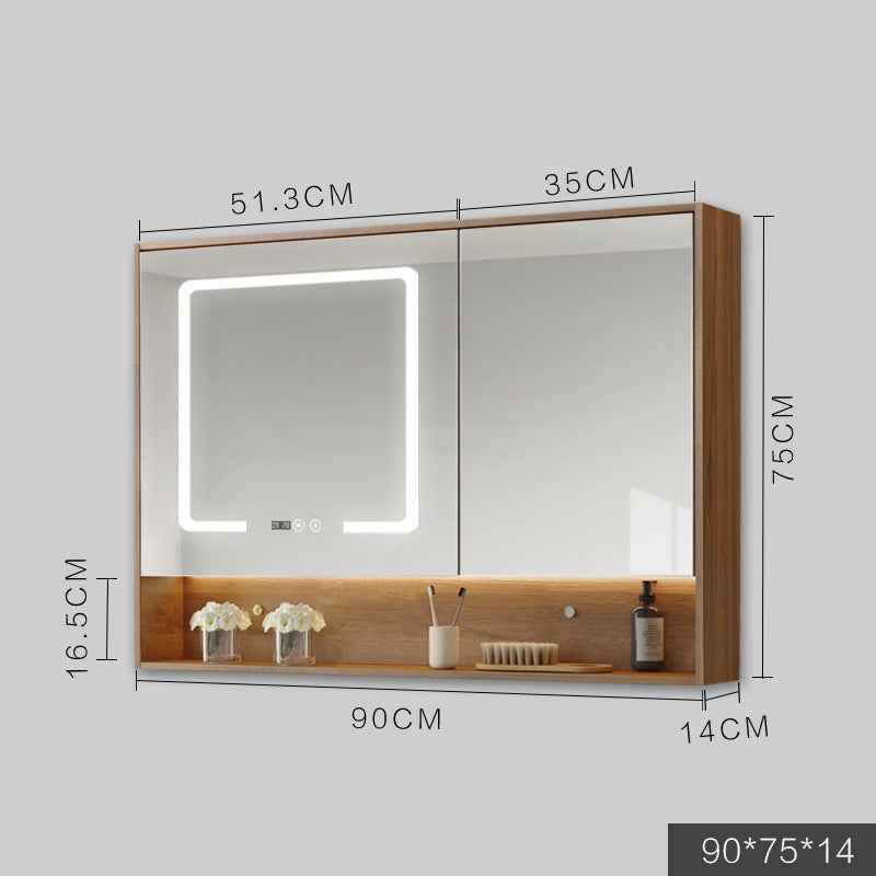 Solid Wood Wall-Hung Bathroom Mirror Cabinet | LED Light, Anti-Fog, Built-in Storage, 9 Sizes, Grey & Wood