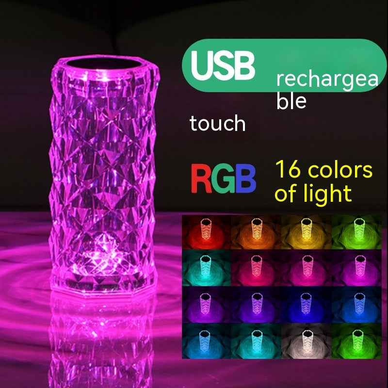 Crystal Rose LED Atmosphere Table Lamp | 2W | RGB 16-Colour, 7-Colour, Tricolour & Warm White | Touch & Remote | Rechargeable, USB & Battery | Ø7.5×16cm | 10 Styles | Gift & Decor